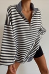 Fermuar Yaka Çizgili Oversize Sweat Füme