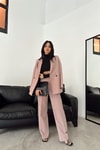 Derin Çizgili Blazer Takım Pudra