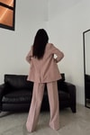 Derin Çizgili Blazer Takım Pudra