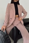 Derin Çizgili Blazer Takım Pudra