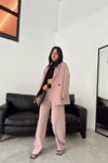 Derin Çizgili Blazer Takım Pudra
