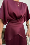 Oval Yaka Bağlama Detaylı Saten Takım Bordo