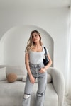 Kare Yaka Basic Tshırt Gri