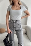 Kare Yaka Basic Tshırt Gri