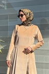 Camel Pileli Kadife Elbise