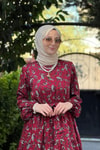 Duru Bordo Şal Desenli Büzgülü Elbise