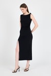 Abiye/Kokteyl Elbiseler-Siyah Yırtmaç Detaylı Drape Askılı Midi Elbise 241733-rulem