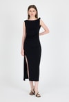 Abiye/Kokteyl Elbiseler-Siyah Yırtmaç Detaylı Drape Askılı Midi Elbise 241733-rulem