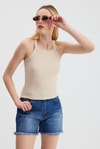 Bej -1121 Sıfır Kol Fitilli Halter Yaka Basic Atlet
