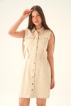 Bej Gabardin Kemerli Elbise 1166