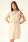 Bej Gabardin Kemerli Elbise 1166
