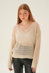Bej Gold Simli V Yaka Bluz 2406