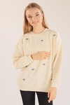 Bej Göz Nakışlı Oversize Sweat 1543