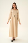 Bej Kol Drape Detay Kemerli Elbise 2659