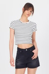 Beyaz Bisiklet Yaka Çizgili Crop Tişört 2147