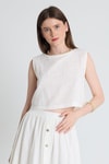 Beyaz Keten Görünümlü %100 Pamuk Kolsuz Crop Bluz 3419-1