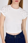 Beyaz Omuz Boncuk Detaylı Slim Fit Crop Tişört 9208M