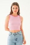 Beyaz Pembe Fitilli Crop Kadın Atlet 1312