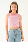 Beyaz Pembe Fitilli Crop Kadın Atlet 1312