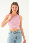 Beyaz Pembe Fitilli Crop Kadın Atlet 1312