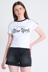 Beyaz Yazı Baskılı Slim Fit Crop Tişört 6059