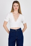 Bluz-Beyaz Dantel Detaylı Bürümcük Kumaş Crop Bluz 2231-rulem
