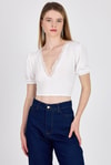 Bluz-Beyaz Dantel Detaylı Bürümcük Kumaş Crop Bluz 2231-rulem
