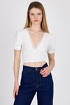 Bluz-Beyaz Dantel Detaylı Bürümcük Kumaş Crop Bluz 2231-rulem