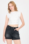 Bluz-Beyaz Gümüş Kalp Detaylı Crop Tişört 2499-rulem
