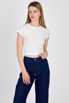 Bluz-Beyaz Omuz Boncuk Detaylı Slim Fit Crop Tişört 9208M-rulem
