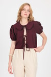 Bluz-Bordo Bağlama Detaylı Bebe Yaka Crop Bluz 8064-rulem