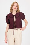 Bluz-Bordo Bağlama Detaylı Bebe Yaka Crop Bluz 8064-rulem