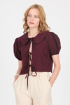 Bluz-Bordo Bağlama Detaylı Bebe Yaka Crop Bluz 8064-rulem