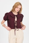 Bluz-Bordo Bağlama Detaylı Bebe Yaka Crop Bluz 8064-rulem