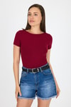 Bluz-Bordo Bisiklet Yaka Viskoz/Yumuşak Kumaş Tişört 1469-rulem