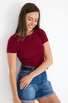 Bluz-Bordo Bisiklet Yaka Viskoz/Yumuşak Kumaş Tişört 1469-rulem