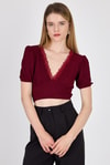 Bluz-Bordo Dantel Detaylı Bürümcük Kumaş Crop Bluz 2231-rulem