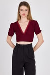 Bluz-Bordo Dantel Detaylı Bürümcük Kumaş Crop Bluz 2231-rulem