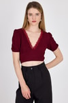 Bluz-Bordo Dantel Detaylı Bürümcük Kumaş Crop Bluz 2231-rulem