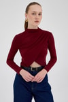 Bluz-Bordo Drapeli Yüksek Yaka Uzun Kollu Bluz 2379-rulem