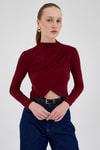Bluz-Bordo Drapeli Yüksek Yaka Uzun Kollu Bluz 2379-rulem
