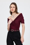 Bluz-Bordo Düşük Omuz Büzgü Detaylı Bluz 13325-rulem