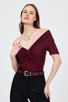 Bluz-Bordo Düşük Omuz Büzgü Detaylı Bluz 13325-rulem