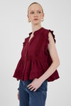 Bluz-Bordo Fırfır Kollu Dantel Detaylı %100 Pamuk Müslin Bluz 8039A-rulem