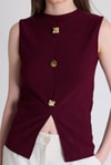 Bluz-Bordo Gold Düğme Detaylı Kolsuz Bluz 2203-rulem