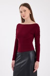 Bluz-Bordo Kayık Yaka Kol Büzgülü Bluz 2433-rulem