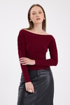 Bluz-Bordo Kayık Yaka Kol Büzgülü Bluz 2433-rulem