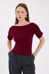 Bluz-Bordo Kayık Yaka Kol Büzgülü Bluz 2515-rulem