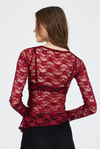 Bluz-Bordo Uzun Kollu Transparan Dantel Bluz 13288-rulem