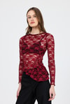 Bluz-Bordo Uzun Kollu Transparan Dantel Bluz 13288-rulem